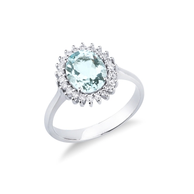 Halo Ring mit Aquamarin und Diamanten 18K Weißgold