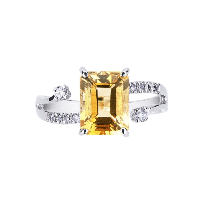Moderner Weißgold Damenring mit Citrin und Diamanten  Moderner Weißgold Damenring mit Citrin und Diamanten