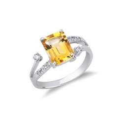 Moderner Weißgold Damenring mit Citrin und Diamanten