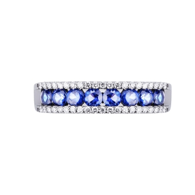Weißgold 750 halb Memoire Ring mit blauen Saphiren und Diamanten 