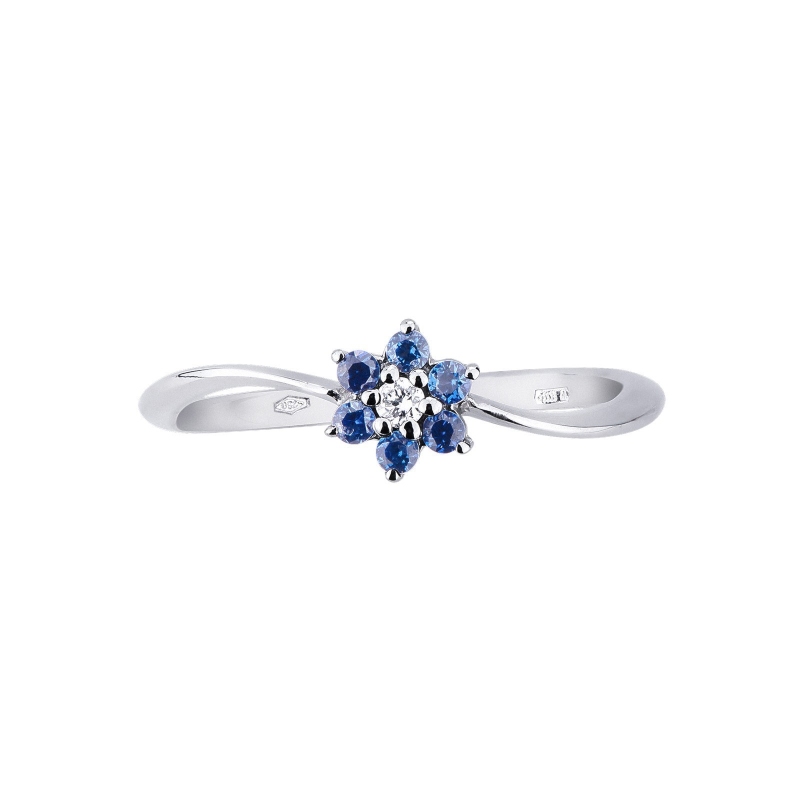Weißgoldring mit Blume aus Diamanten und Saphiren
