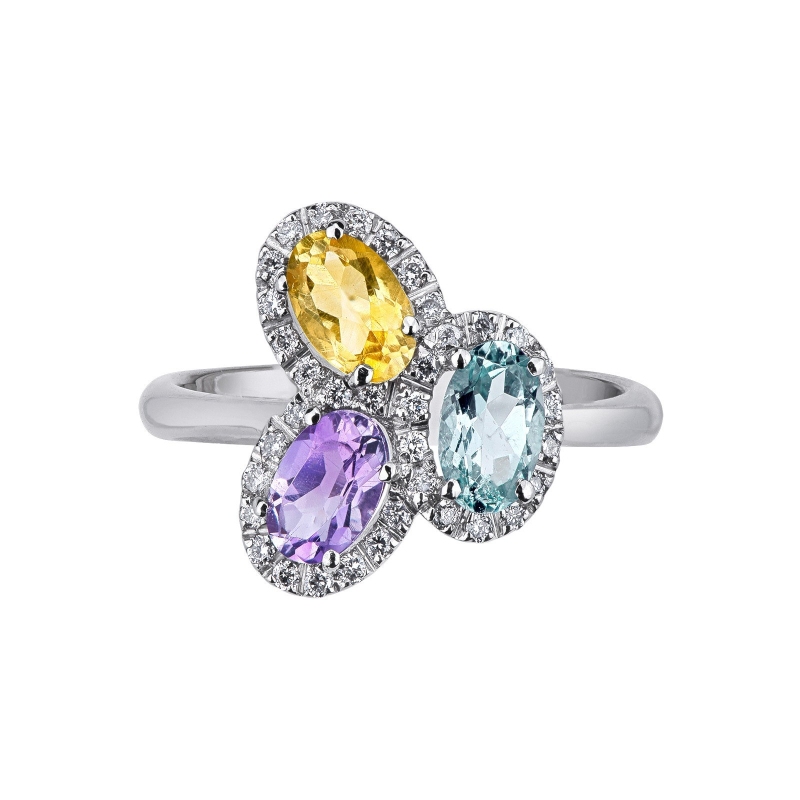 Weißgold Ring mit Aquamarin, Amethyst und Citrin  Weißgold Ring mit Aquamarin, Amethyst und Citrin