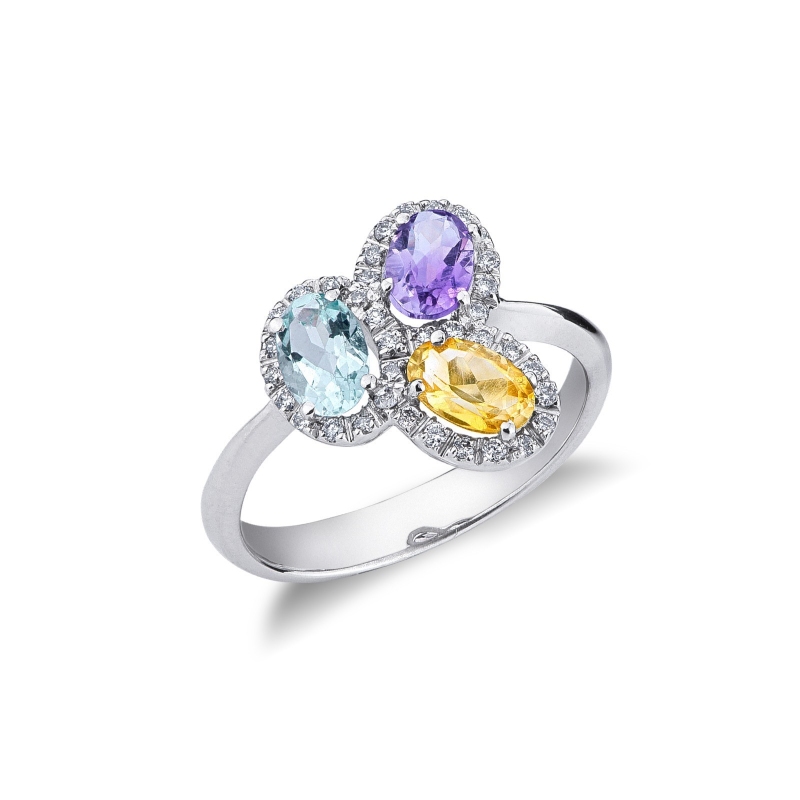 Weißgold Ring mit Aquamarin, Amethyst und Citrin  Weißgold Ring mit Aquamarin, Amethyst und Citrin