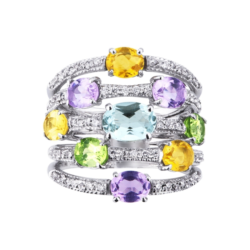 Weißgold Ring mit Aquamarin, Peridot, Citrin, Amethyst Weißgold Ring mit Aquamarin, Peridot, Citrin, Amethyst