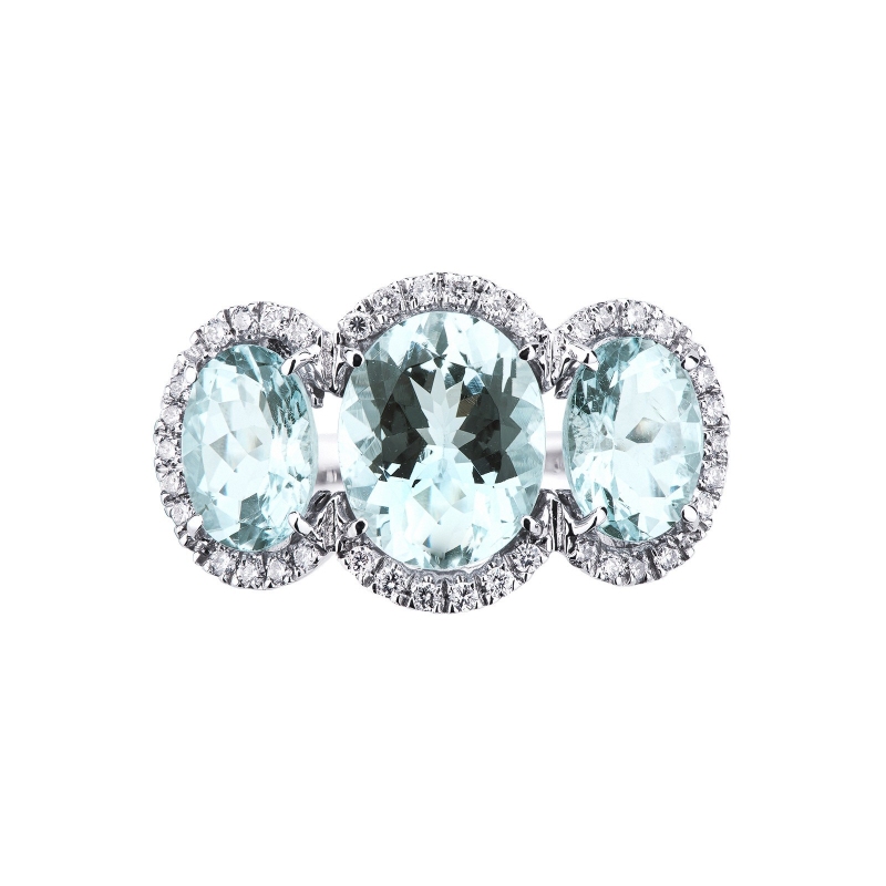 Trilogie Ring aus Weißgold mit Aquamarinen und Diamanten  Trilogie Ring aus Weißgold mit Aquamarinen und Diamanten