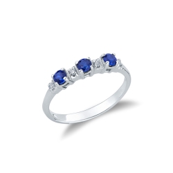 Trilogie Damenring aus Weißgold mit blauen Saphiren und Diamanten