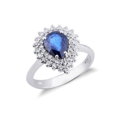 Damenring Weißgold mit blauem Saphir und Diamanten