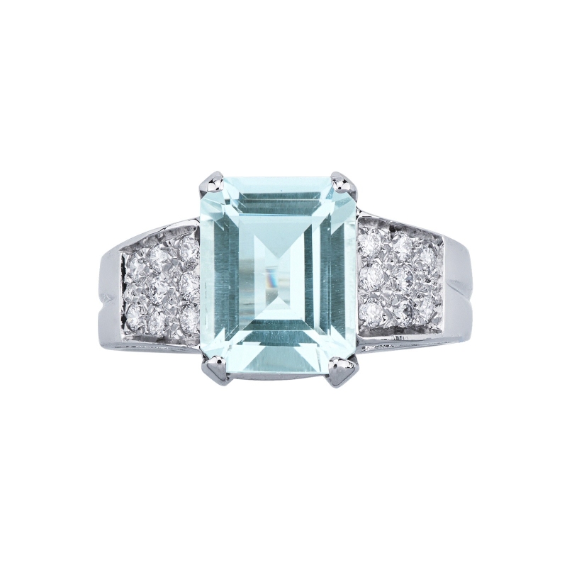 18K Weißgold Damenring mit Aquamarin und Diamanten  18K Weißgold Damenring mit Aquamarin und Diamanten