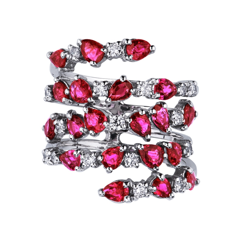 Weißgold Ring Damen mit roten Rubinen und Diamanten