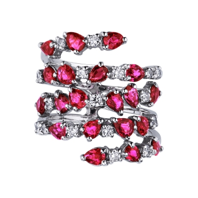 Weißgold Ring Damen mit roten Rubinen und Diamanten