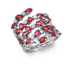 Weißgold Ring Damen mit roten Rubinen und Diamanten