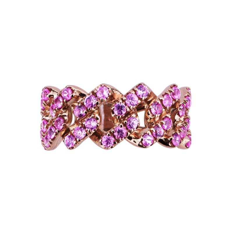 Cuban Link Ring Iced Out aus Roségold 18k mit rosa Saphiren