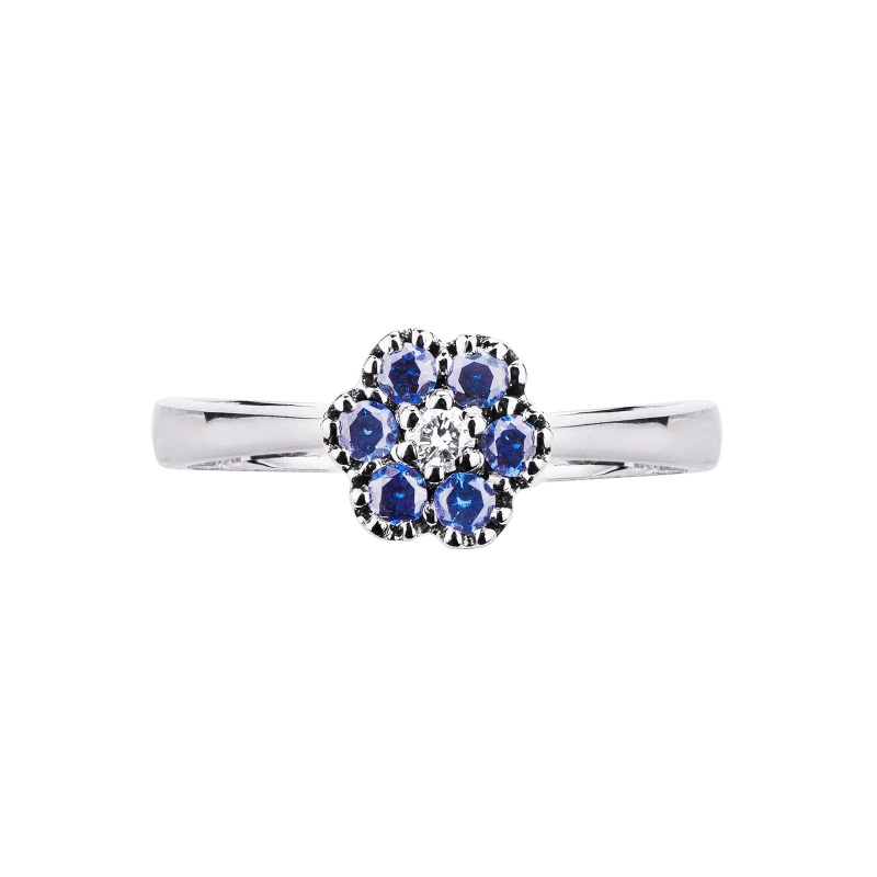 Blumenring aus 18k 750 Weißgold mit Diamanten und blauen Saphiren