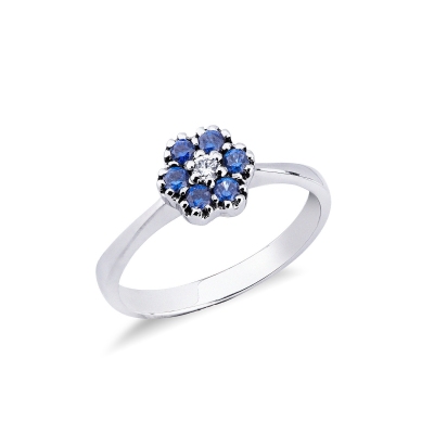 Blumenring aus 18k 750 Weißgold mit Diamanten und blauen Saphiren