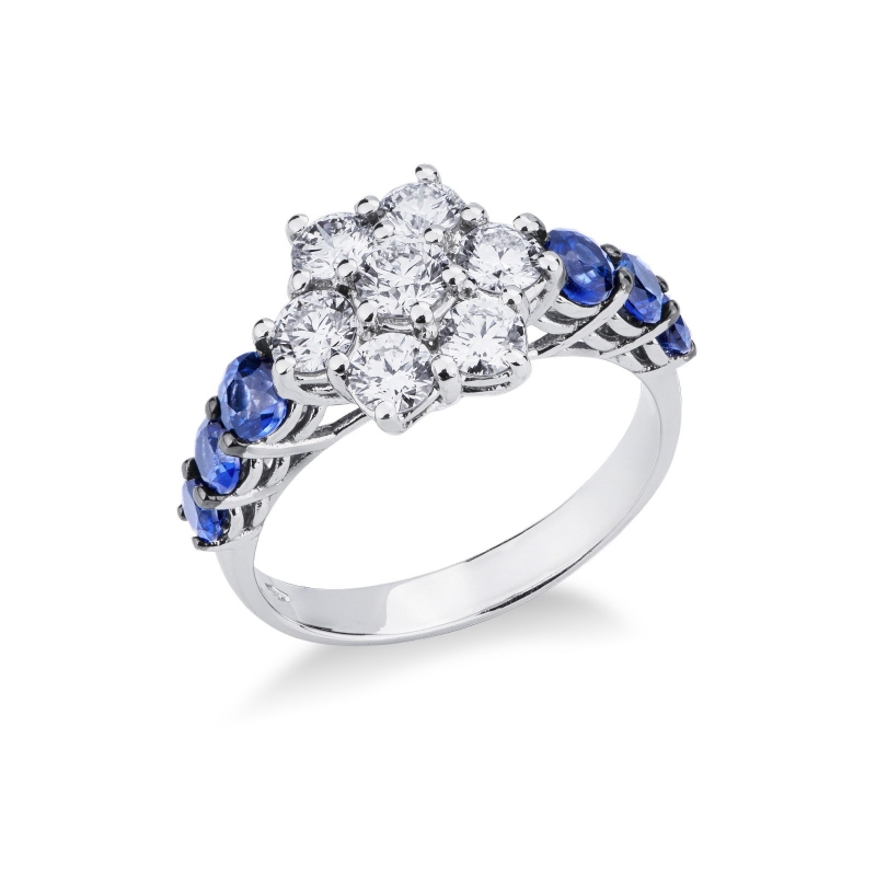 Weißgold Ring mit Diamanten und blauen Saphiren  Weißgold Ring mit Diamanten und blauen Saphiren