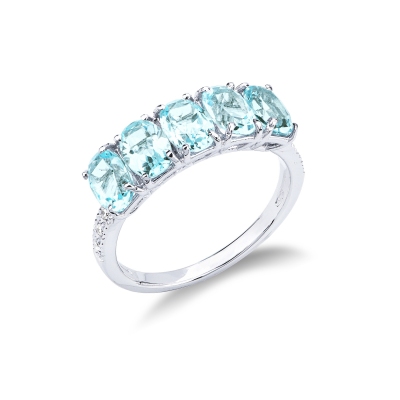 Weißgold Ring Damen mit fünf Aquamarinen und Brillanten