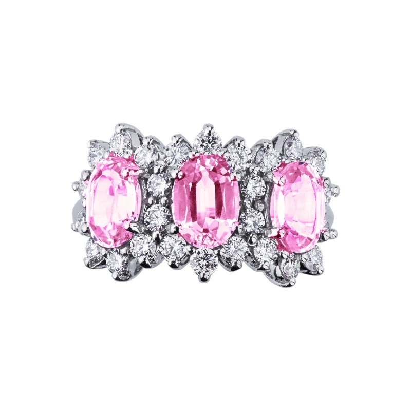 Trilogie Ring mit drei Halo Rosa Saphire mit Brillanten 
