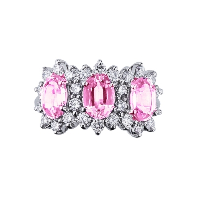 Trilogie Ring mit drei Halo Rosa Saphire mit Brillanten 