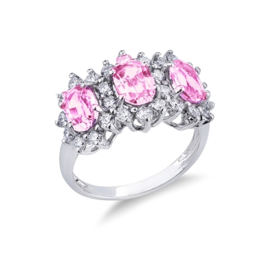 Trilogie Ring mit drei Halo Rosa Saphire mit Brillanten 