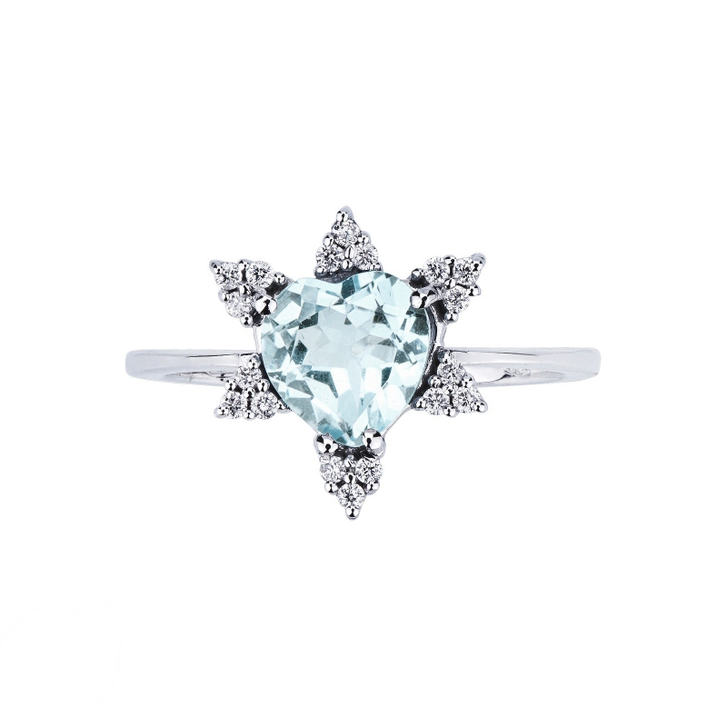 Weißgoldring mit Aquamarinherz und 6 Diamantblüten  Weißgoldring mit Aquamarinherz und 6 Diamantblüten