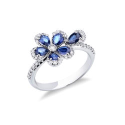 Weißgold 18K Blumenring mit blauen Saphiren und Brillanten