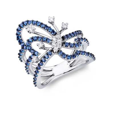 Designer Ring Schmetterling mit blauen Saphiren und Diamanten