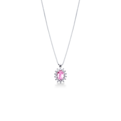 Weißgold 18k Halo Anhänger mit rosa Saphir und Diamanten 