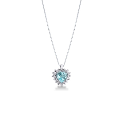 Weißgold Kette mit Aquamarin Herz Anhänger und Diamanten