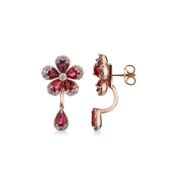 Blumen Ohrringe aus Roségold 18K mit Rubinen und Brillanten