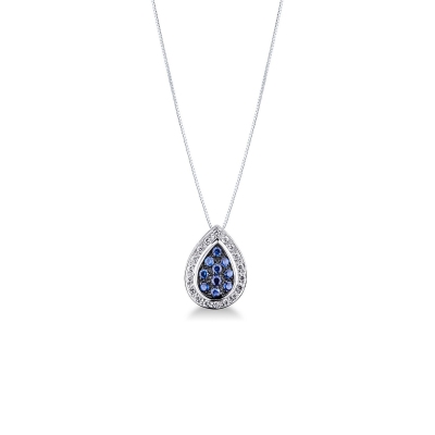 Weißgold Kette mit Tropfenanhänger aus Diamanten und blauen Saphiren