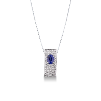 Weißgold Kette mit Pavé aus Diamanten und blauem Saphir 