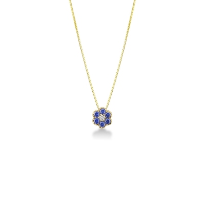 Blumenkette aus 18K Gelbgold mit blauen Saphiren und Diamanten 