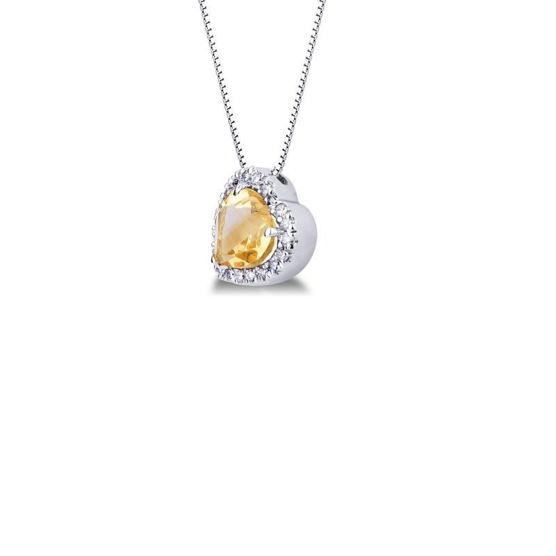 Weißgold Herz Kette mit Diamanten- und Citrin-Anhänger  Weißgold Herz Kette mit Diamanten- und Citrin-Anhänger
