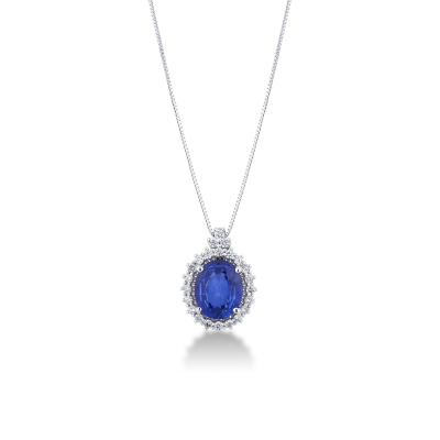 Saphir blau Halo Kette mit Diamanten Weissgold