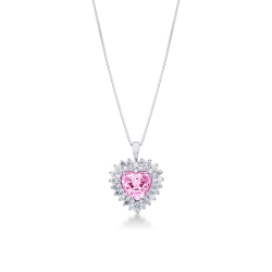 Herzkette Halo aus 18K Weißgold mit Diamanten und rosa Saphir