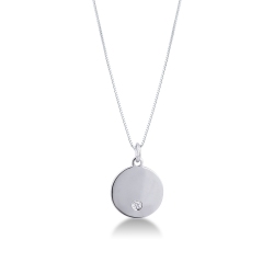 18K Weißgold Kette mit einer gravierbaren Medaille und einem Diamanten