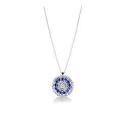 Weißgoldkette mit rundem Anhänger aus Diamanten und Saphiren