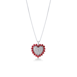 Weißgoldkette mit Herzanhänger aus Rubinen und Diamanten