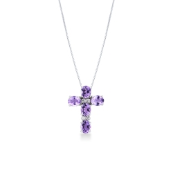 Weißgold 18K Kreuzkette mit Amethysten und Diamanten