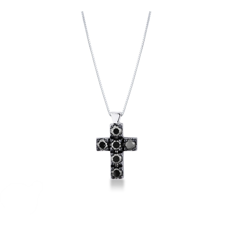 Weißgold Kreuz Kette Herren schwarze Diamanten