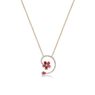 Kette aus Roségold 18K mit Blume aus Rubinen und Diamanten 