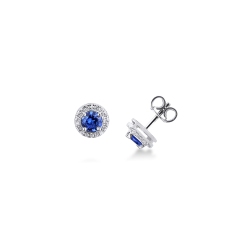 Weißgold kleine Halo Ohrstecker mit blauen Saphiren und Diamanten