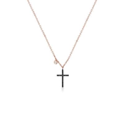 Roségold 18K Kreuz Kette mit schwarzen Diamanten und einem kleinen Brillanten