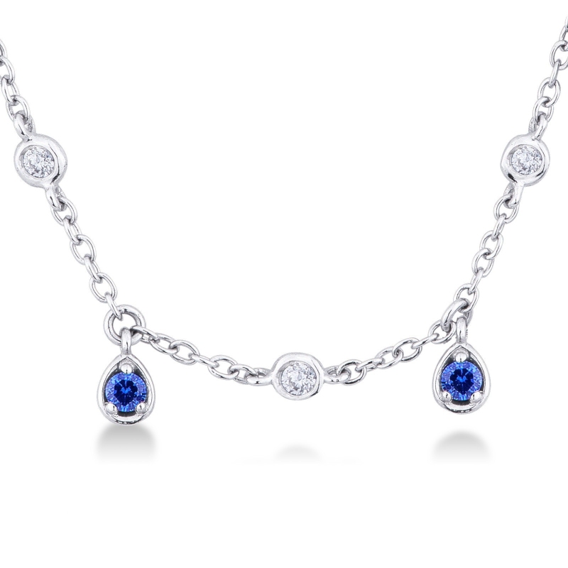 Weißgold Damenkette mit Diamanten und blauen Saphiren Anhänger