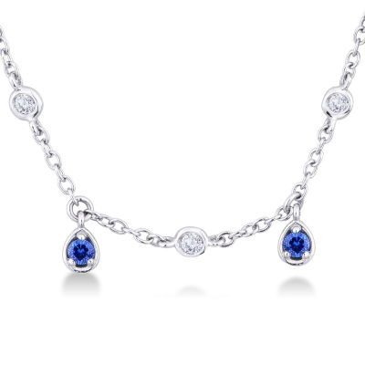 Weißgold Damenkette mit Diamanten und blauen Saphiren Anhänger