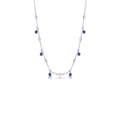 Weißgold Damenkette mit Diamanten und blauen Saphiren Anhänger