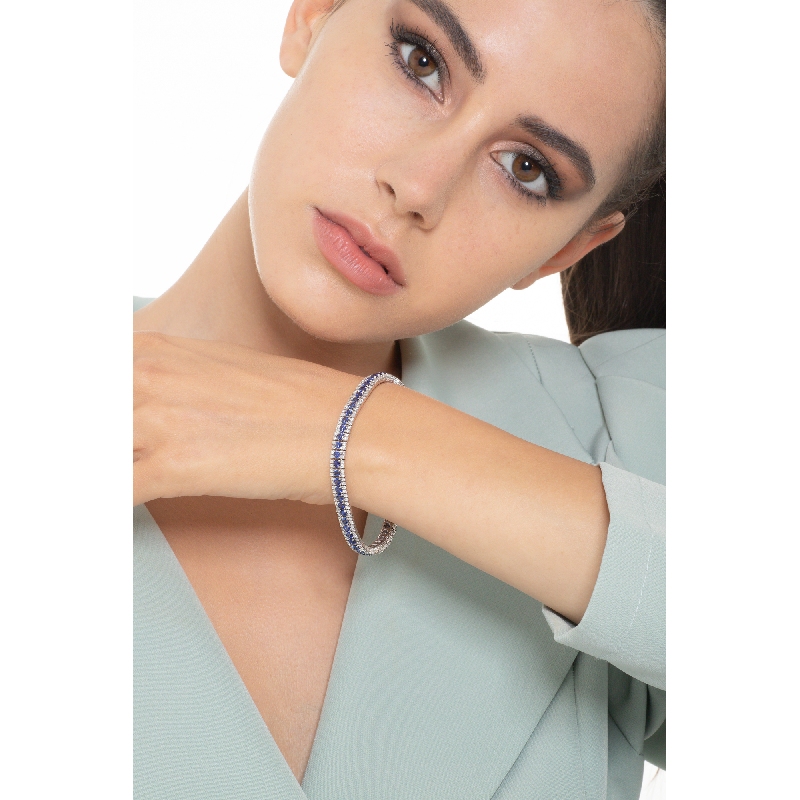 Tennis Armband Damen 750er Weißgold mit Diamanten und blauen Saphiren