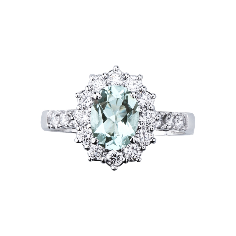 Weißgold Halo Ring mit Aquamarin und Diamanten  Weißgold Halo Ring mit Aquamarin und Diamanten