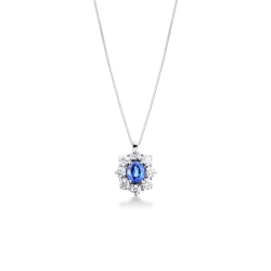 Weißgold 18K Halskette Halo Damen mit blauem Saphir und Diamanten