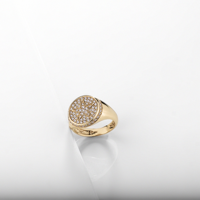 Gelbgold 18K Siegelring Damen mit Stern aus Diamanten